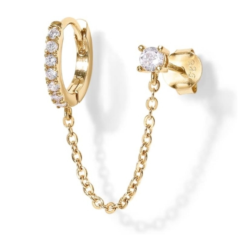14K Gold Dangle Chain Huggie Hoop CZ Cuff Earrings